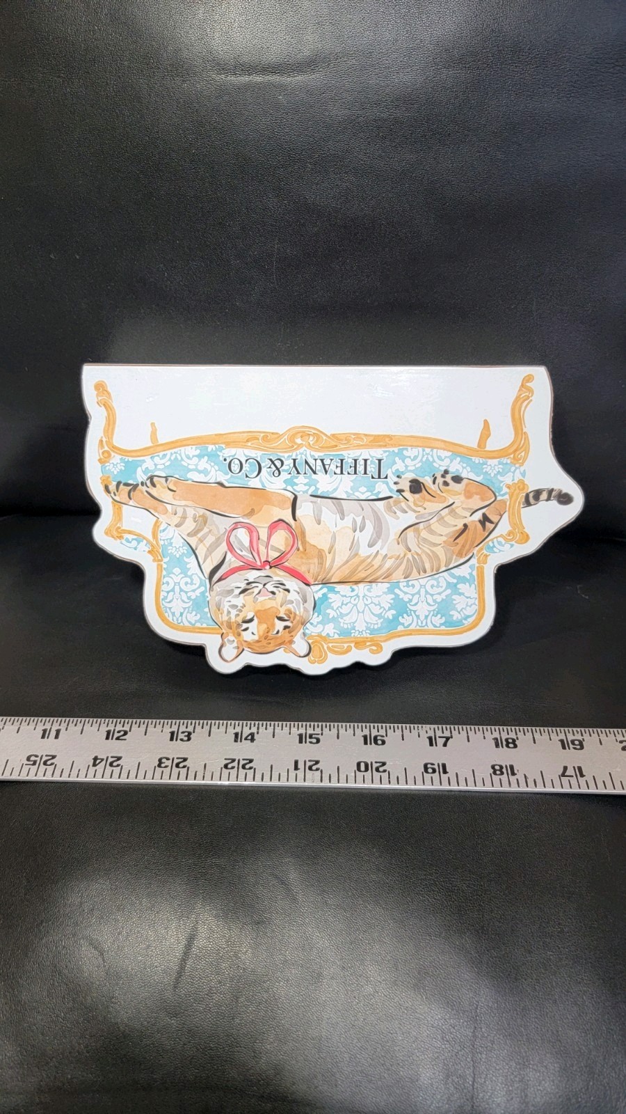 Tiffany & Co Wooden Sign Home Decor Meditating Tiger with Pink Bow 8" x 5" X 1"