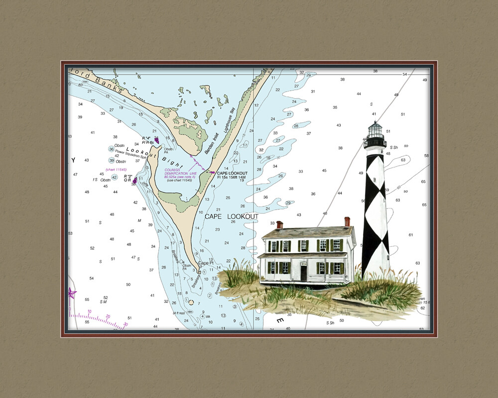 Cape Lookout, NC Lighthouse and Nautical Chart High Quality Canvas Print