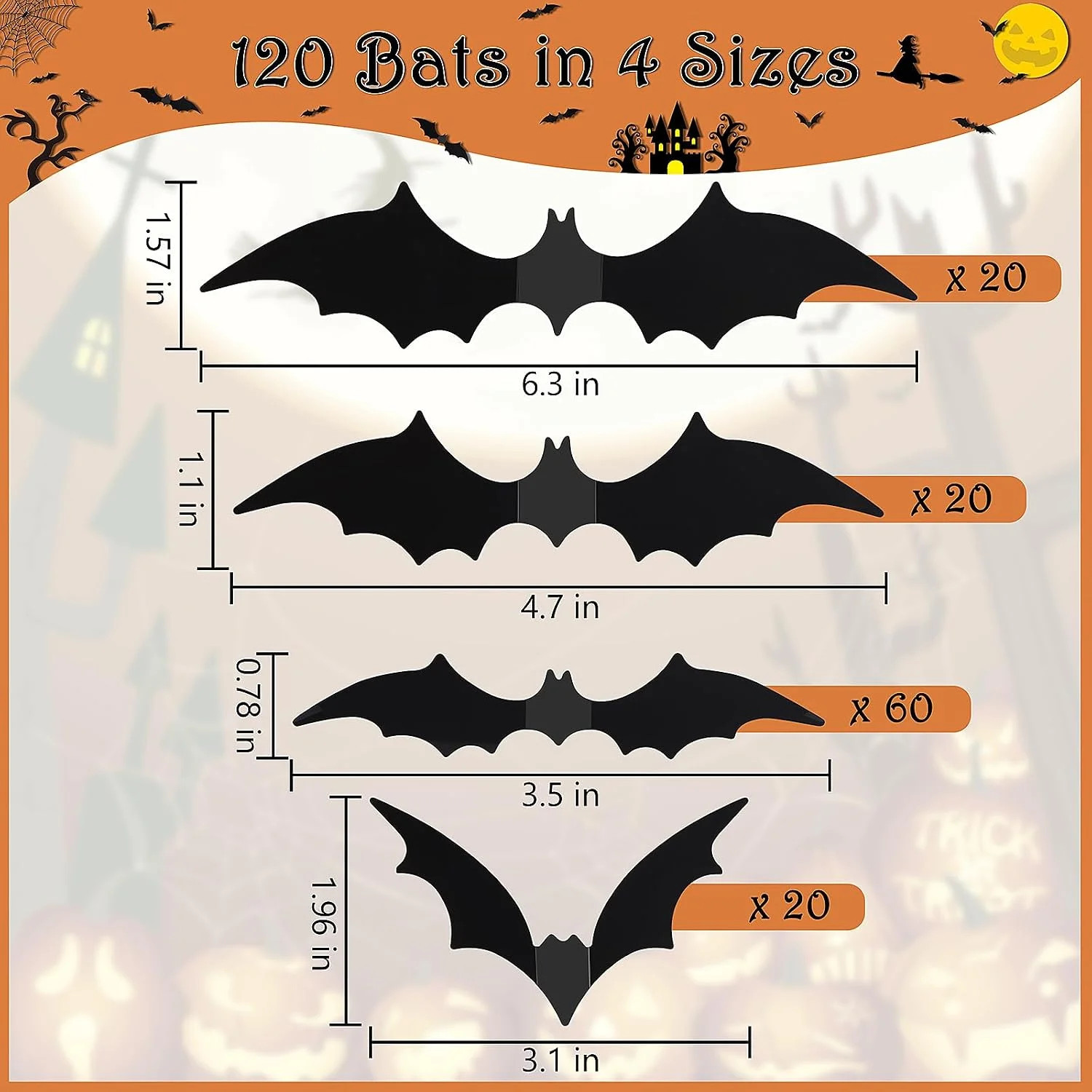 120 Pcs 3D Bat Stickers Halloween Decorations for Home | 4 Size Scary Black Spoo