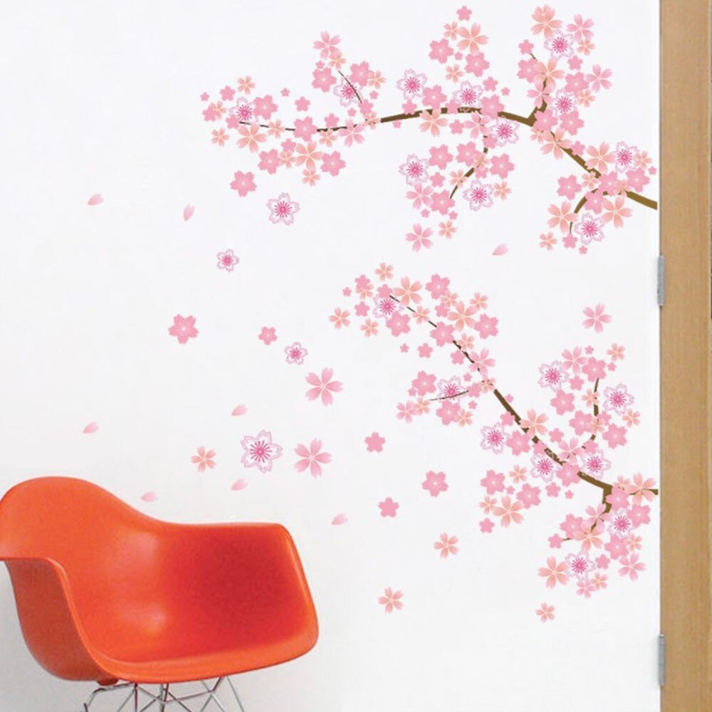Pink Cherry Blossom Wall Stickers:DIY floral decals for a stunning sofa backdrop