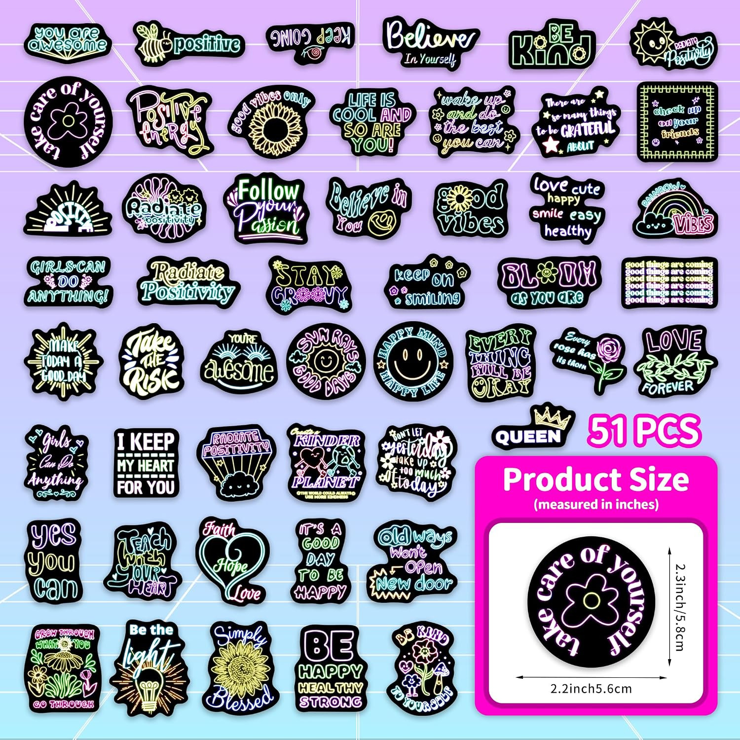 Glow in the Dark Inspirational Quotes Water Bottle Neon Stickers | 50 Pcs, Water