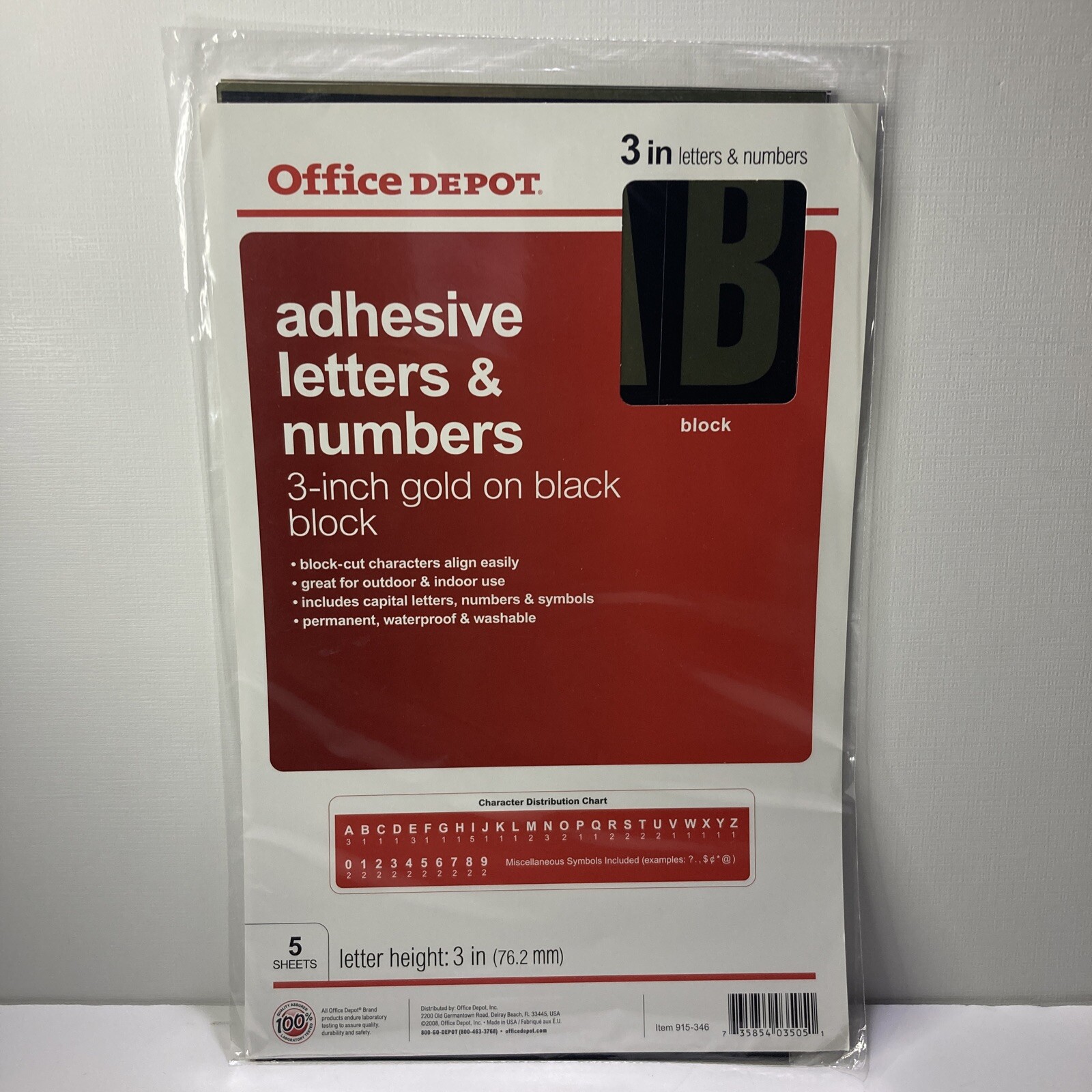 Adhesive Permanent 3" Block Letters & Numbers, Gold