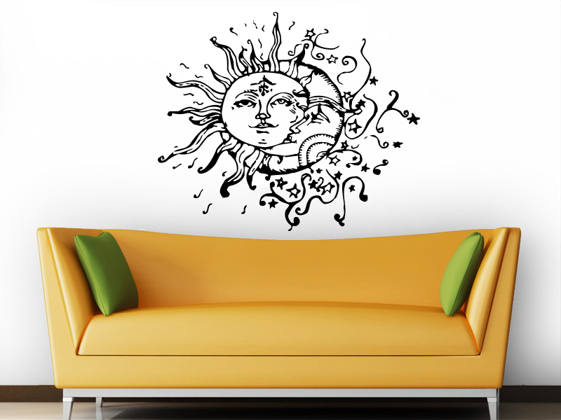 Sun and Moon Wall Decal Crescent Dual Ethnic Stars Night Symbol Boho Decor ZX2