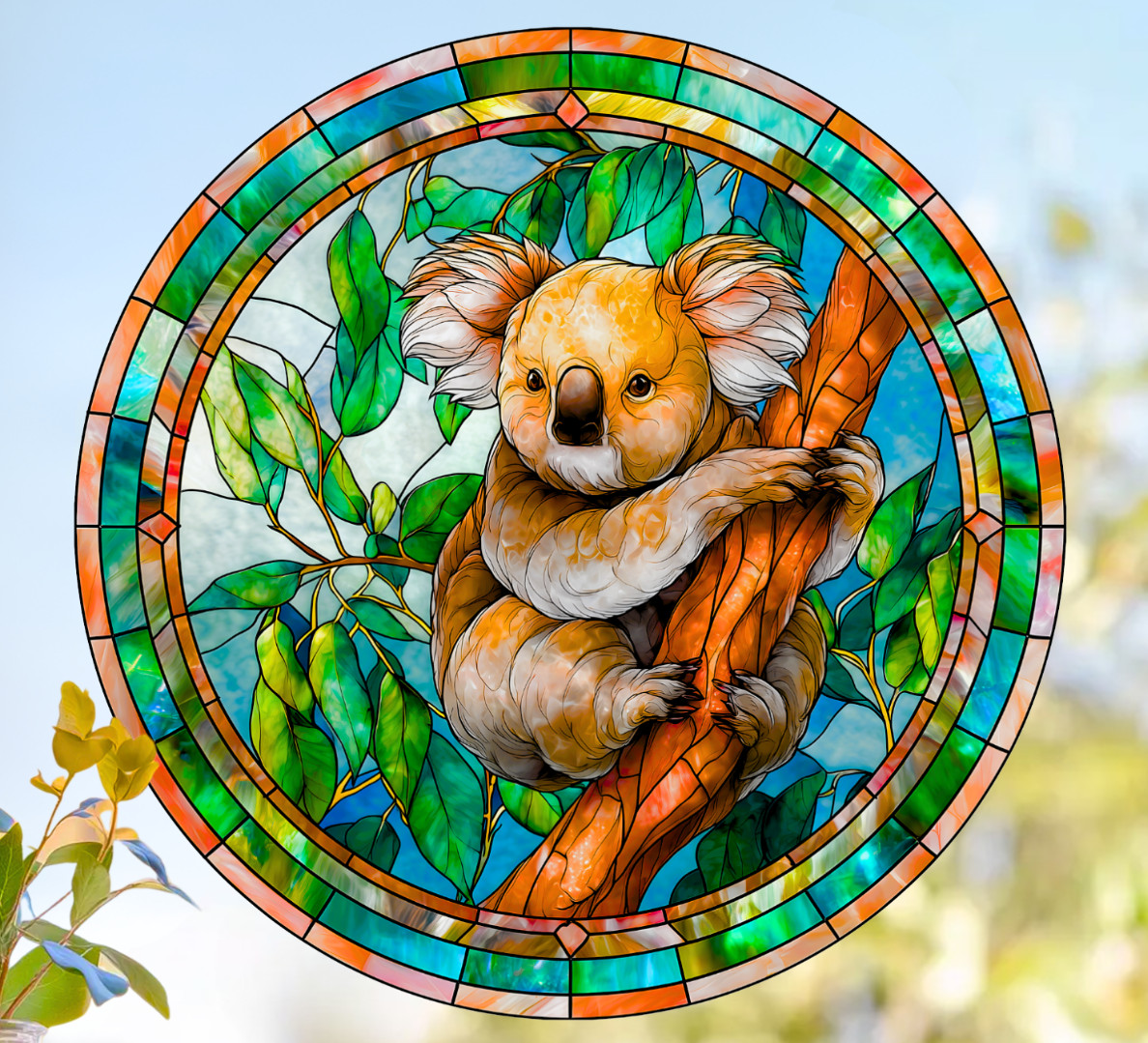 Koala Bear Faux Stained-Glass WINDOW CLING Size 8" Round Repositionable Vinyl