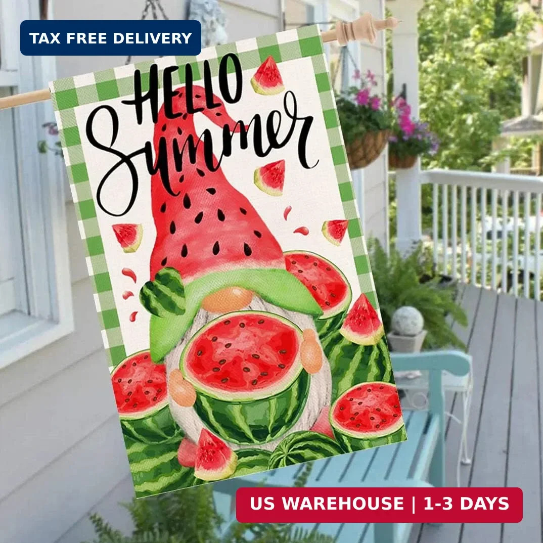 Hello Summer Watermelon House Flag 28 x 40 Inch Summer Gnome Decorative Doubl…