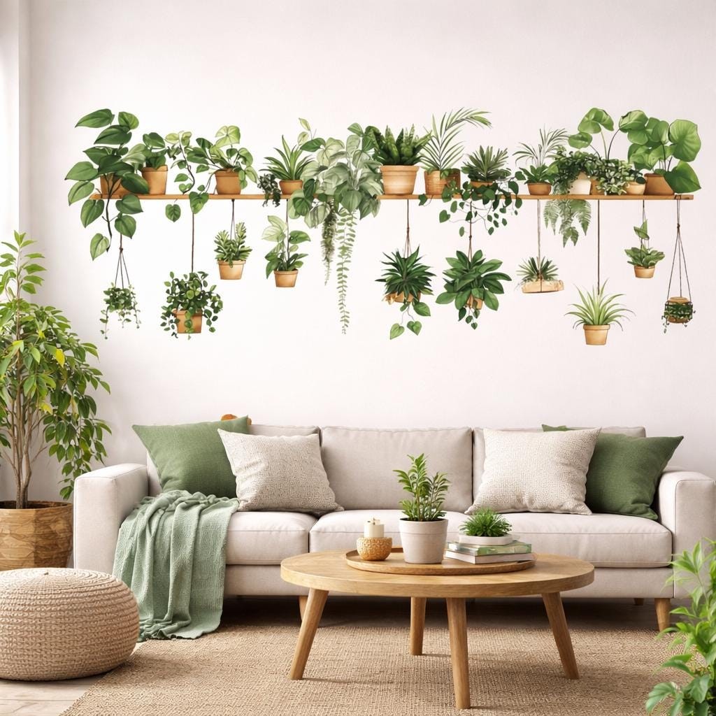 Indoor Plant Shelf Wall Decal | Potted Greenery Mural