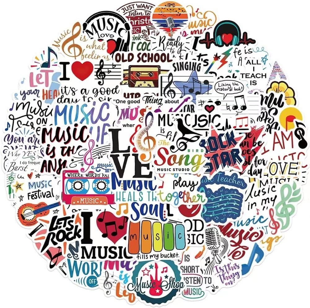 Variety Pack of 50 Waterproof Music Vinyl Stickers for Laptops, Cars & More