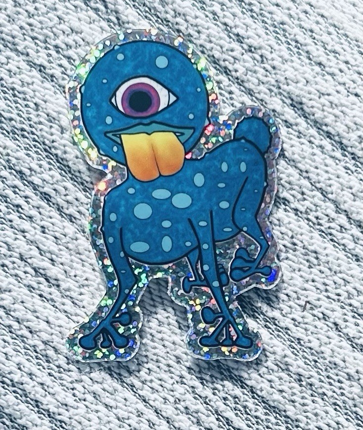 Original Vinyl Glitter Sticker Blue Mutant Space Alien Dog Creature 3” X 2”