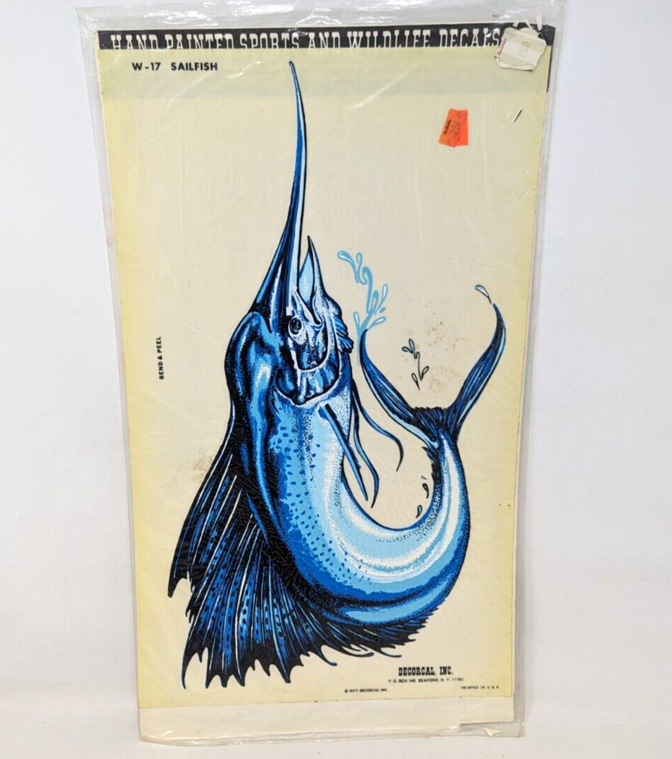 New Vintage 1977 Decorcal Hand Painted Sports & Wildlife Fish Sailfish Decal A24
