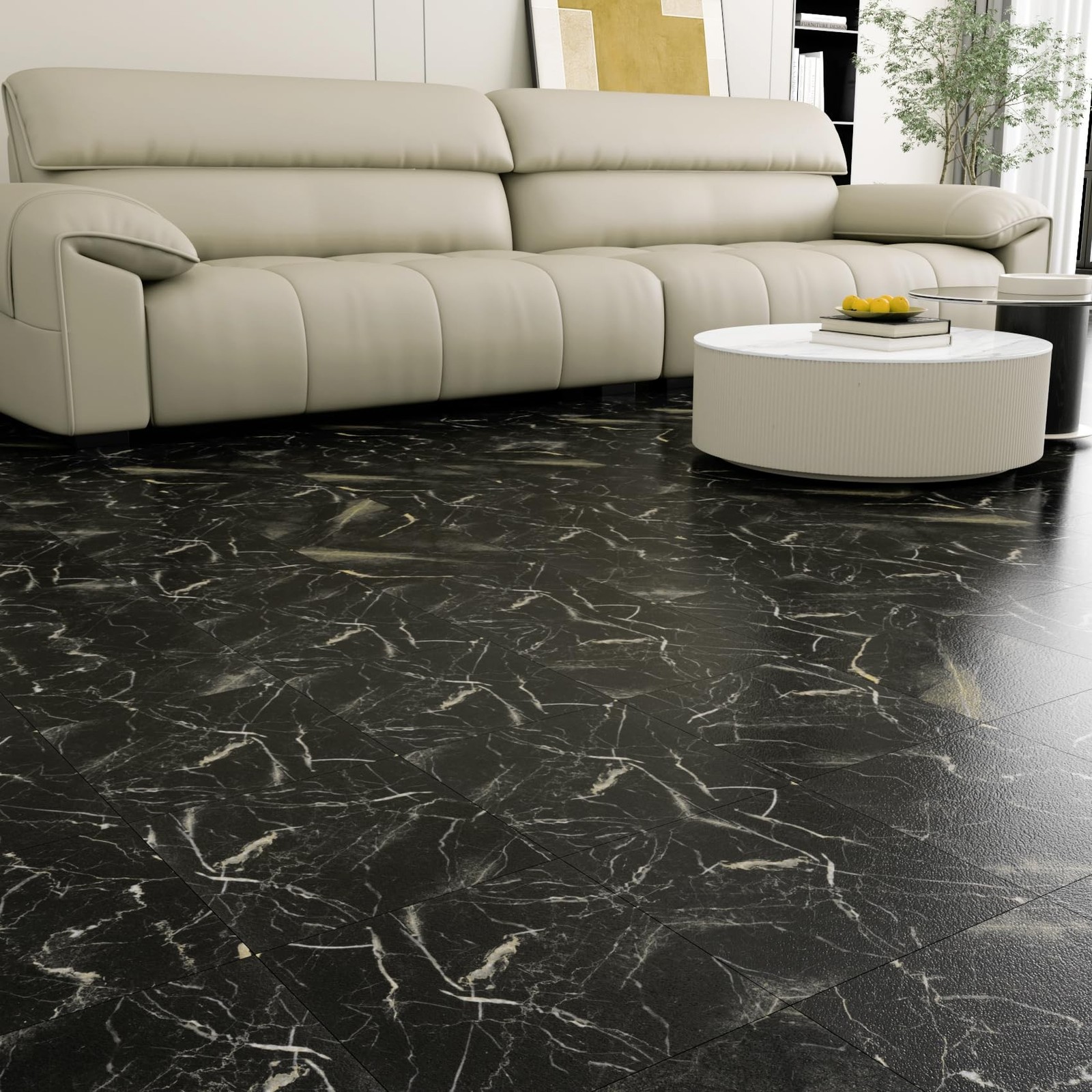 LaCheery 12×12 Peel and Stick Floor Tile Waterproof Bathroom Black Marble Pee…
