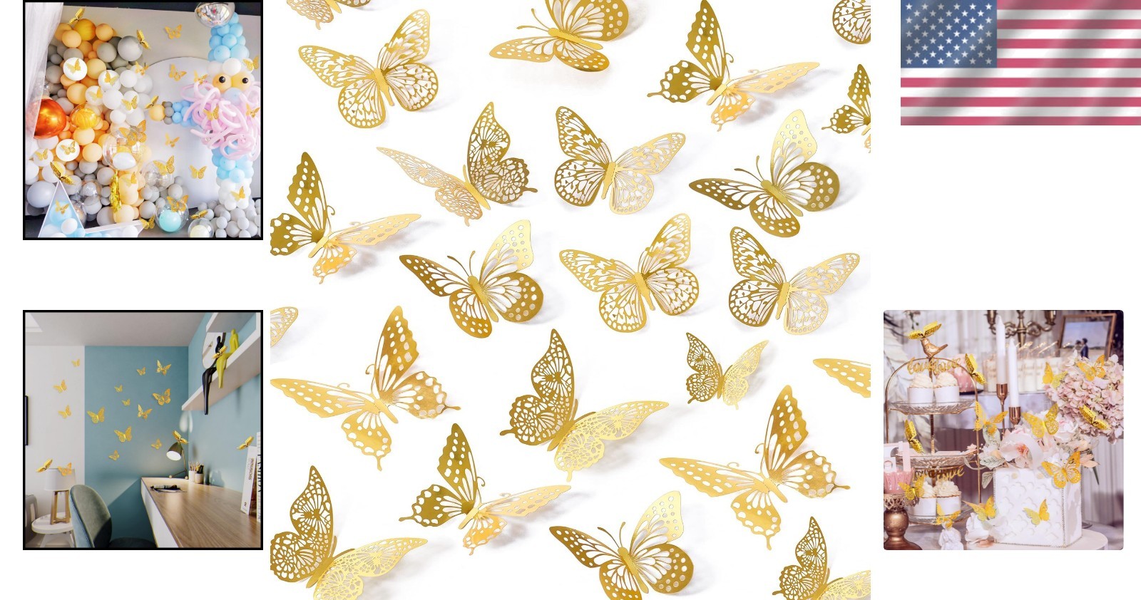 Elegant Gold Butterfly Wall Stickers Set – 48 Pcs for Kids' Rooms & Celebrations