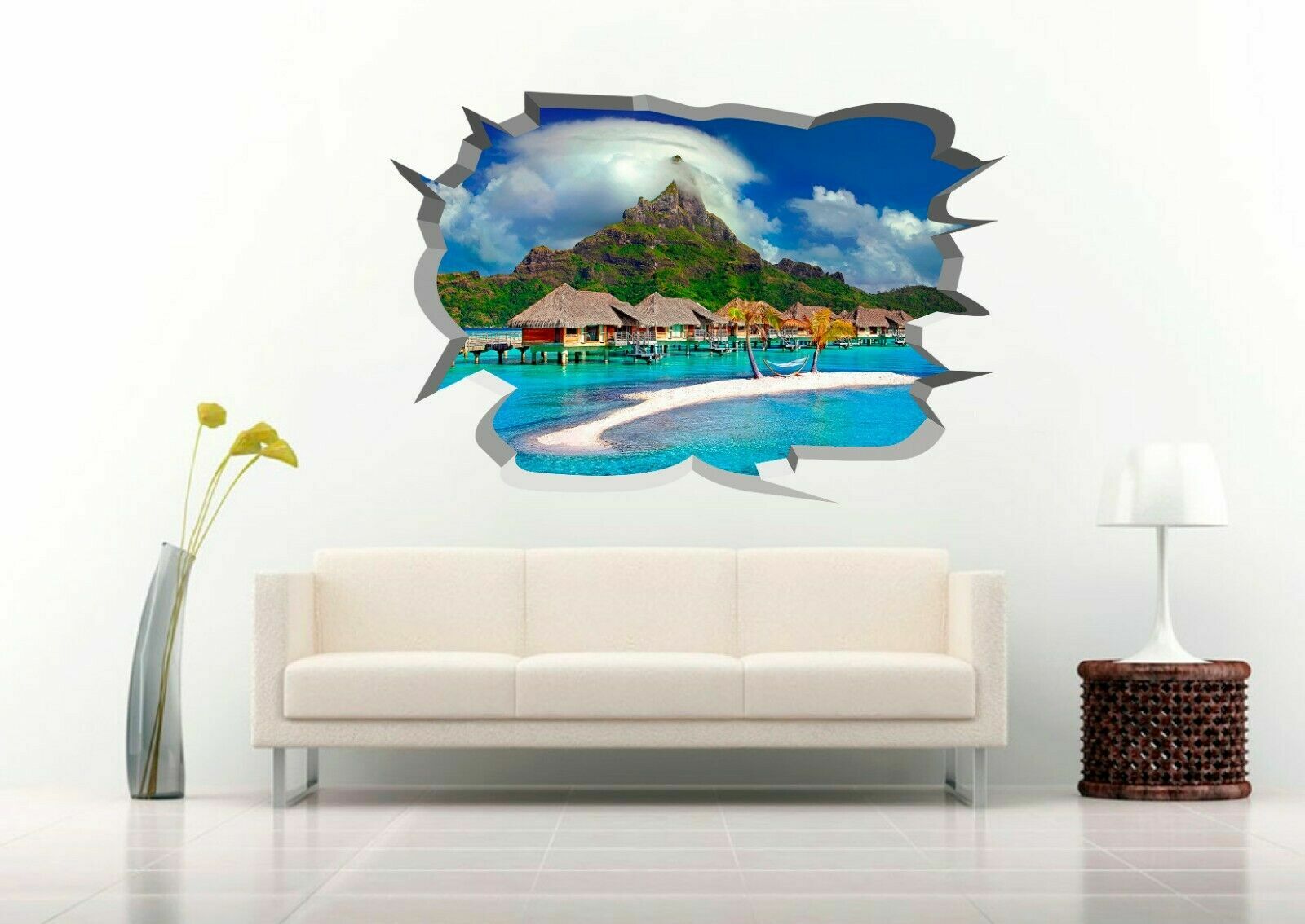 Overwater Bungalow Hawaii 3D Crack Hole Wall Decal Vinyl Sticker Mural Art Decor