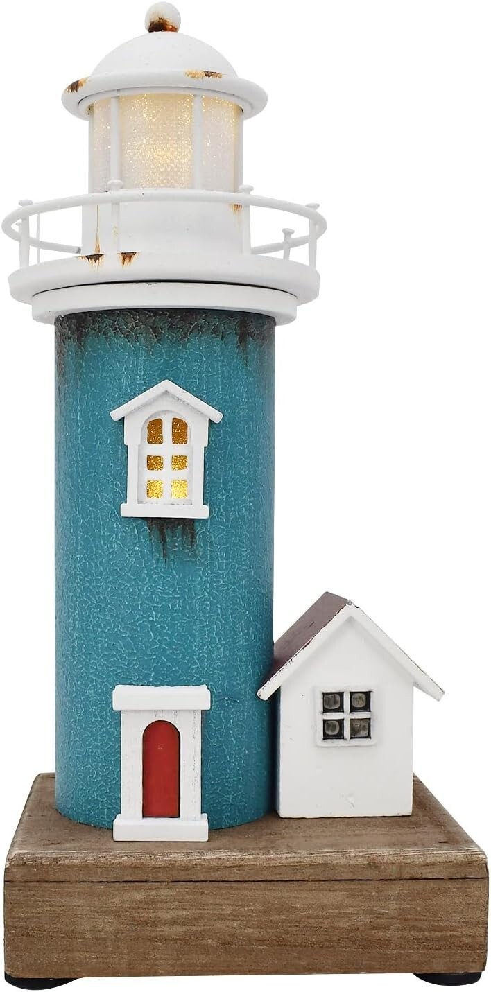Aecipl Wooden Lighthouse with Lights Nautical Tabletop (Light Blue)