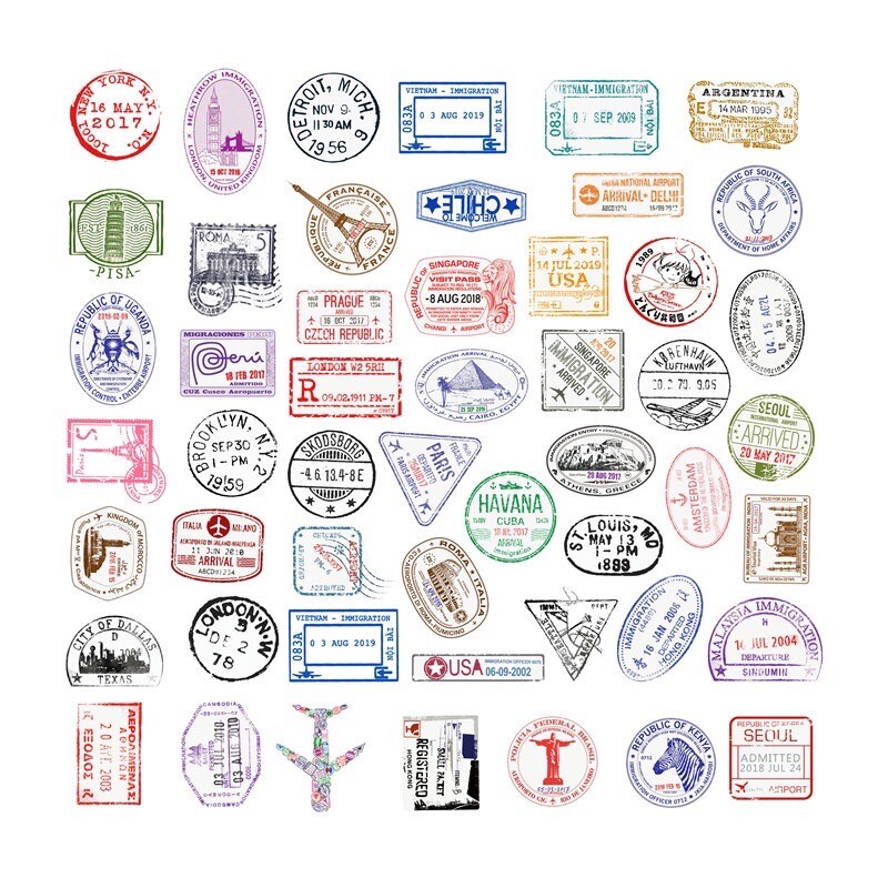 50 Retro Customs Stamp Stickers World Travel Tourist Decals Set A Free Shipping!