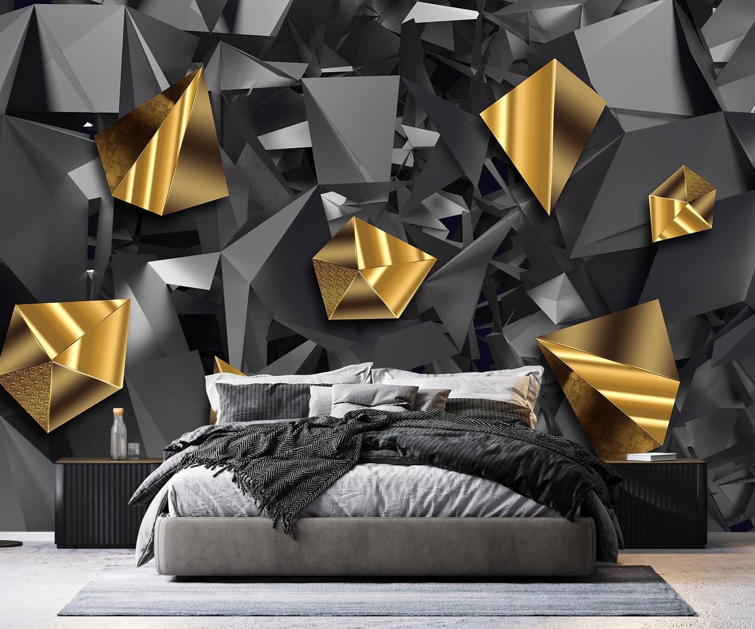 3D Black Grey Gold Geometric Wallpaper Mural 135×96 Modern Fabric Wall Art
