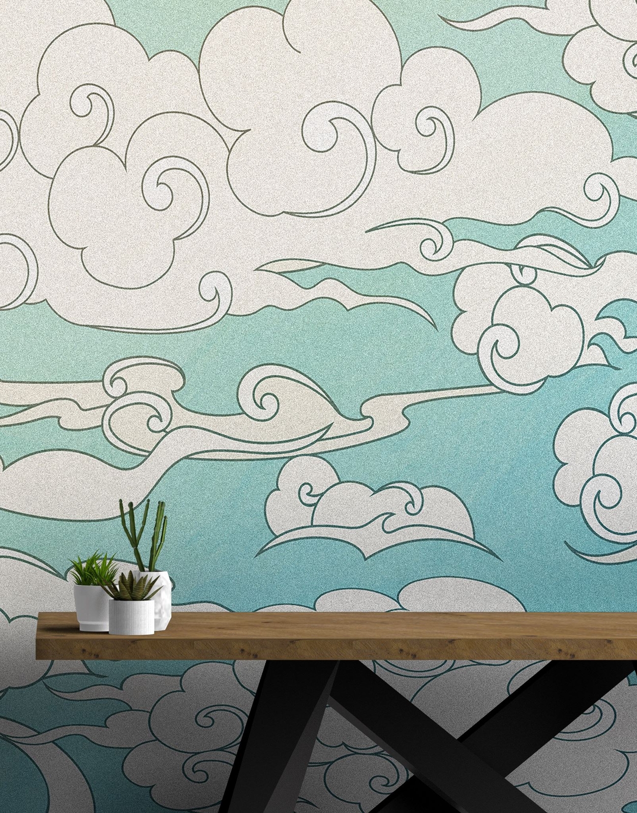 Japanese Traditional Curly Cloud in Sky Abstract Illustration Asian Decor Wall M