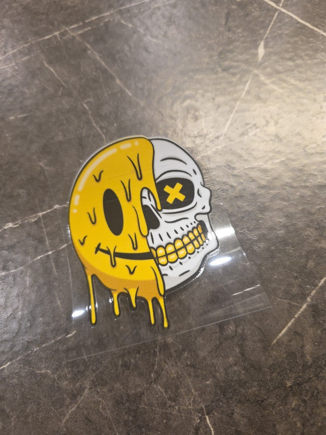 Melting Smiley Face Skull Split UVDTF Raised Decal Sticker Waterproof Gold Grill