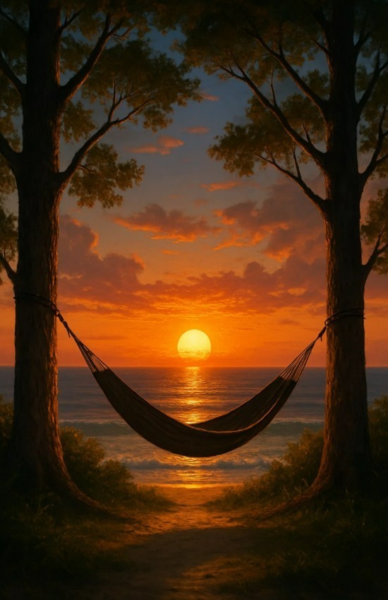 OCEAN Hammock Sunset View Wall Graphic Vinyl Decal Poster (Removable Adhesive)