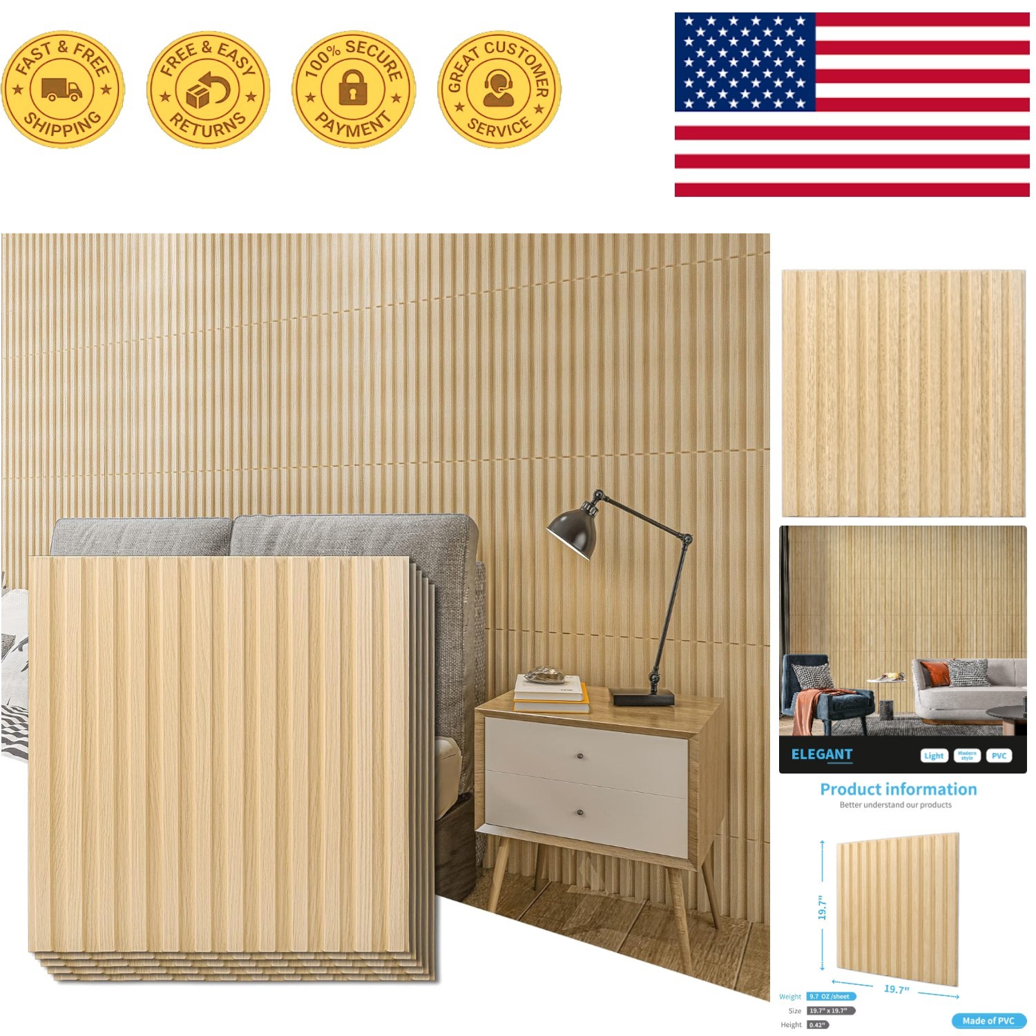 PVC Wall Panels – 3D Fluted Design | 12 Pack Oak | Easy Install