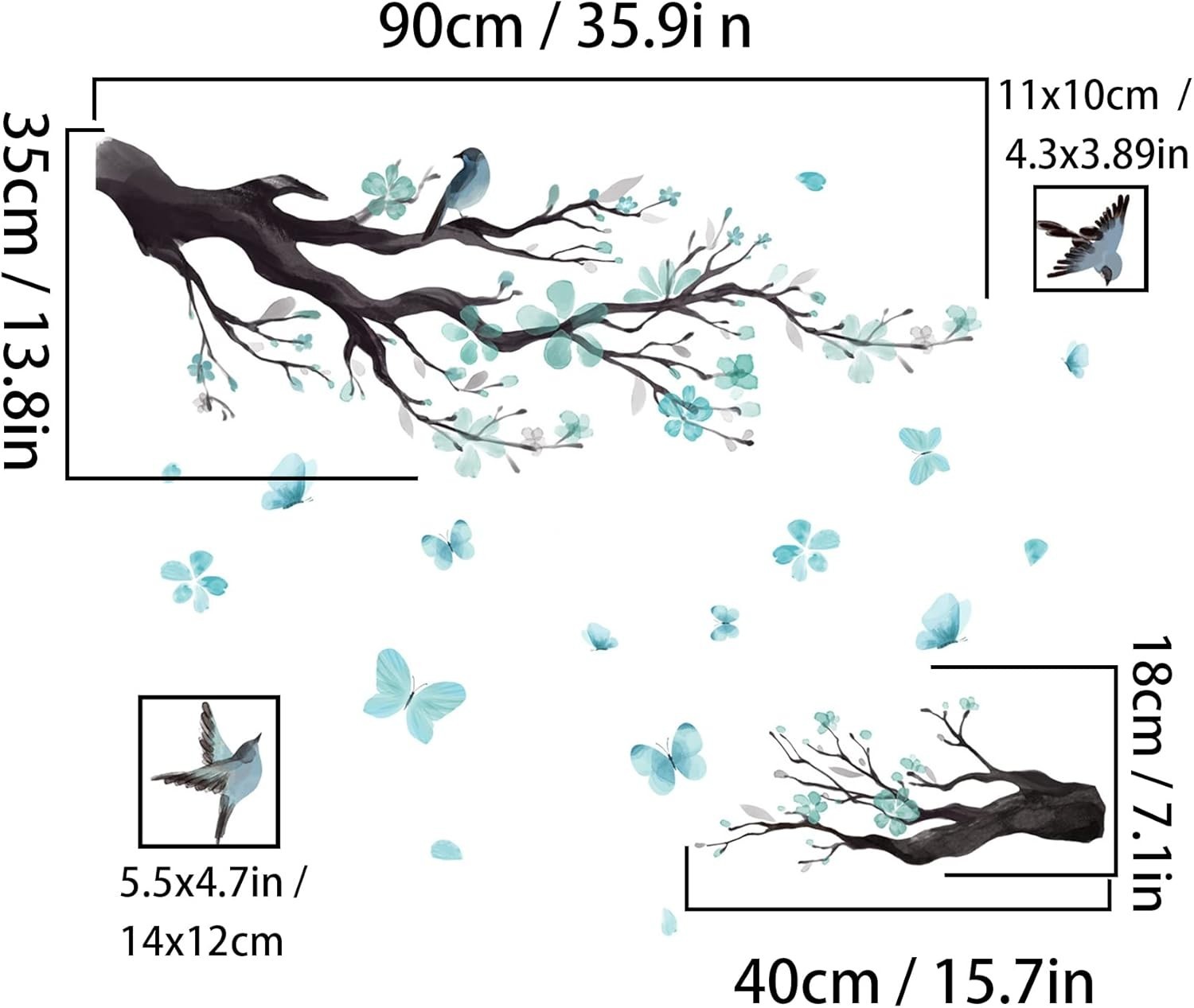 Blue Watercolor Flower Wall Decals Romantic Bird Tree Murals for Kids Rooms