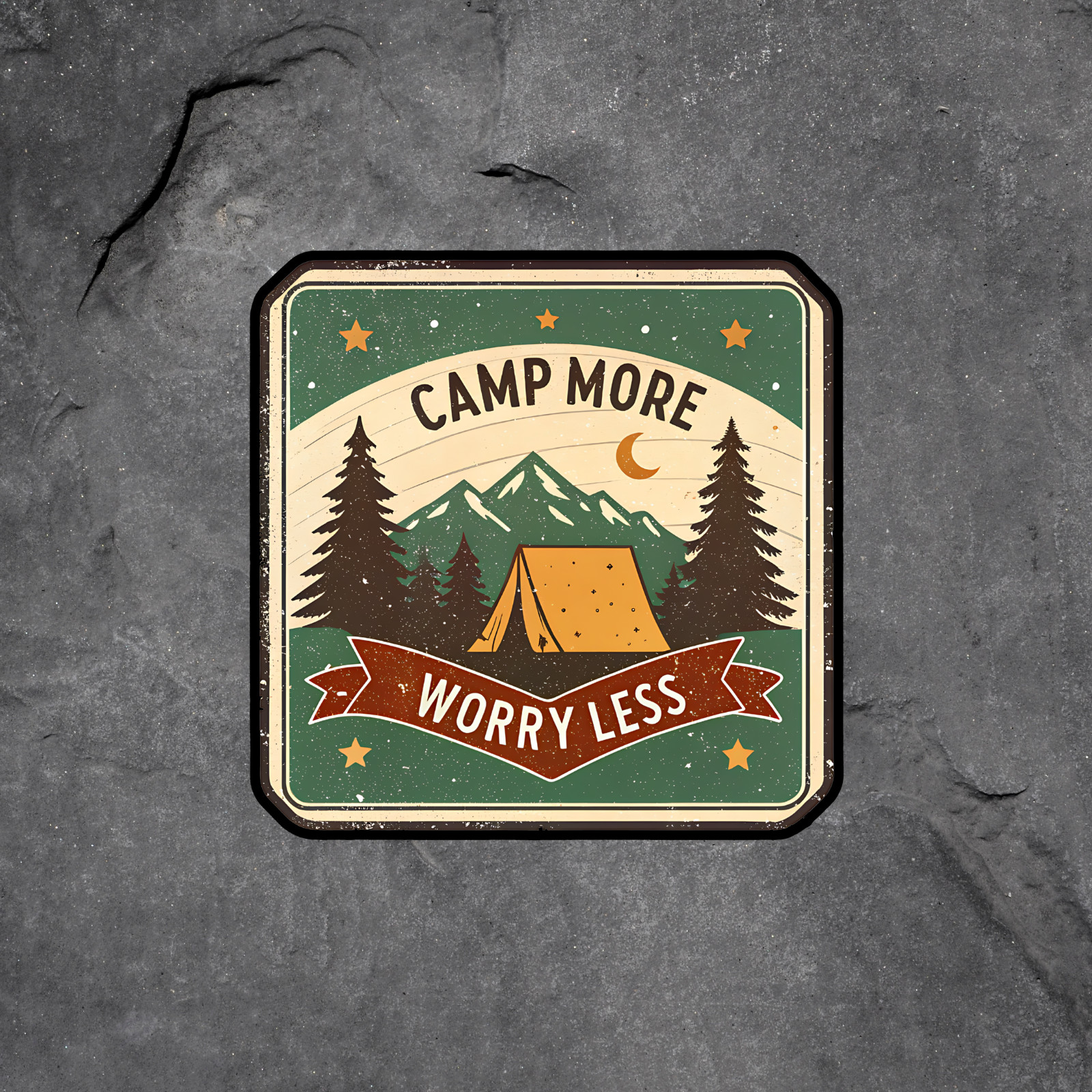 Camping sticker vinyl decal camp more worry less rustic forest mountains tent
