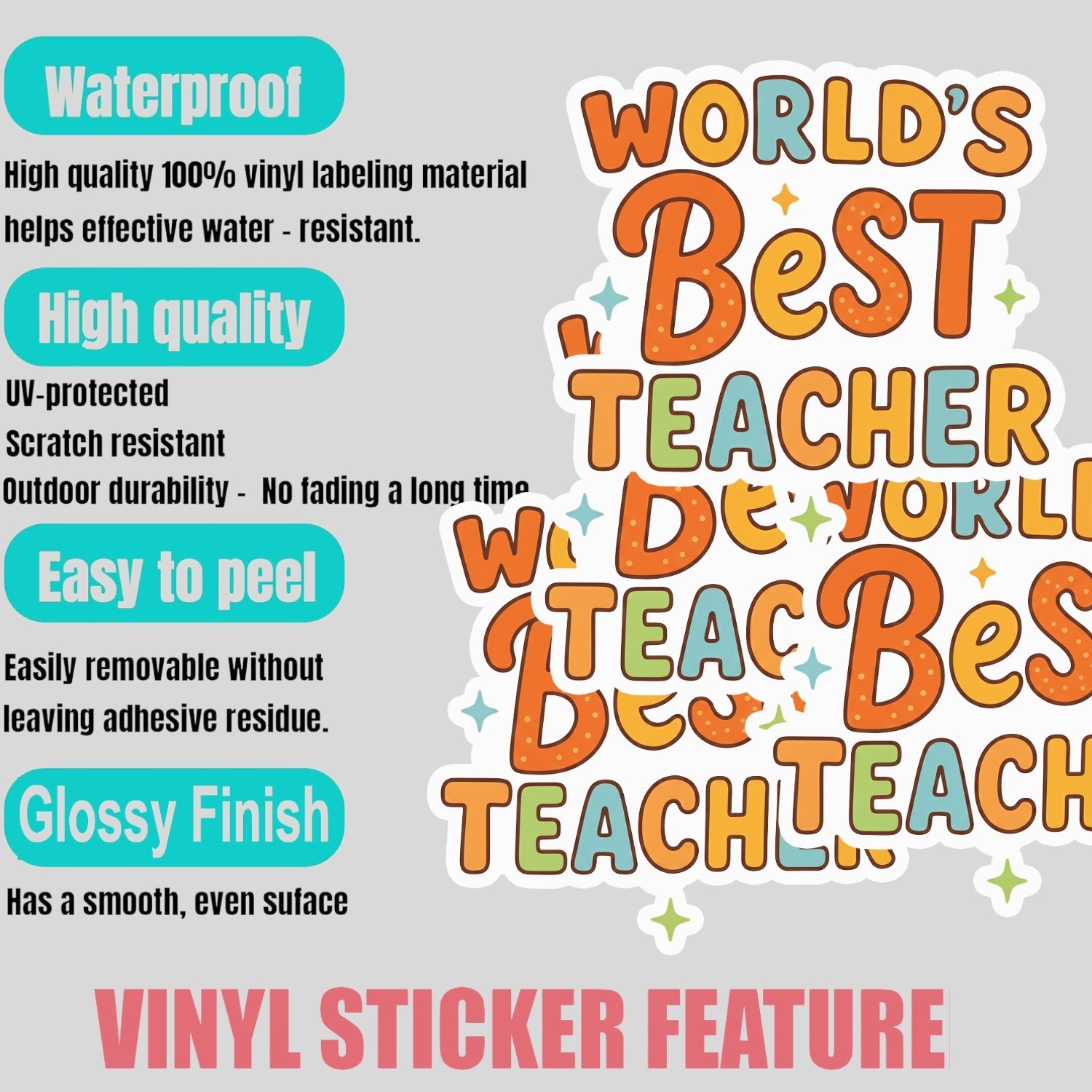 4Pcs World’s Best Teacher Stickers – Cute Teacher Appreciation Vinyl Decals