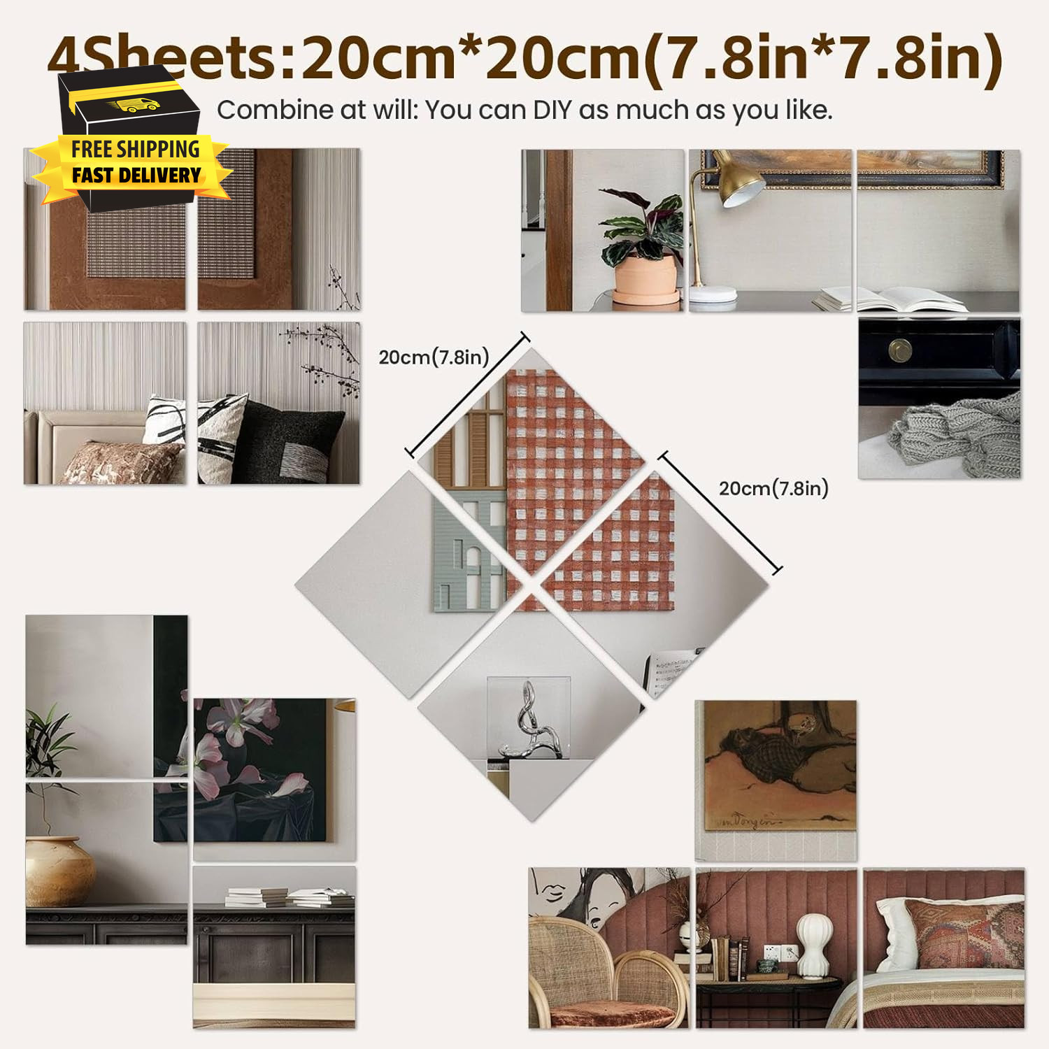 Mirror Stickers for Walls 4 Packs Self Adhesive Stick on Mirrors Tiles Small Pee