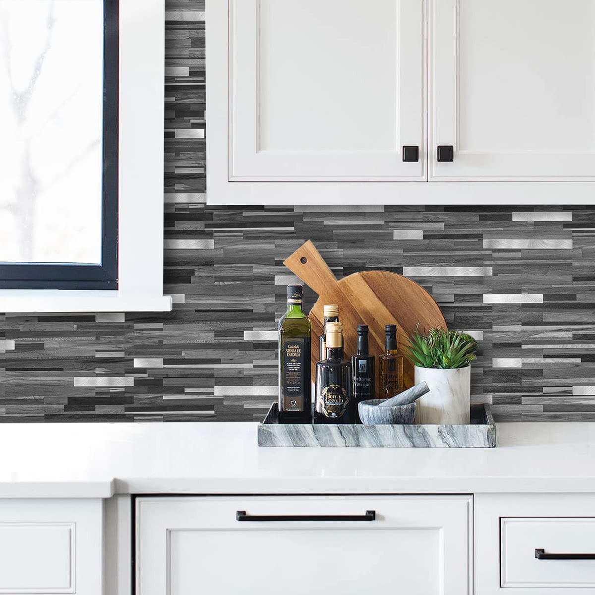 20 Sheets Peel and Stick Backsplash, Black & Grey Wood Look PVC Mixed Metal S…