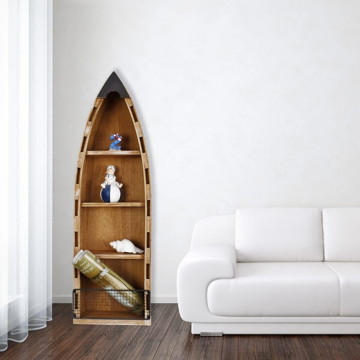 Solid Wood Boat Shelf Decorative Nautical Wall Decor Bookcase Large Wooden 4-Tie