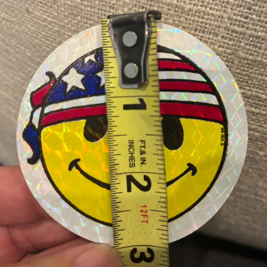Vintage! Smiley Face with American Flag Bandana Sticker ~Yellow Prism Glitter 3"
