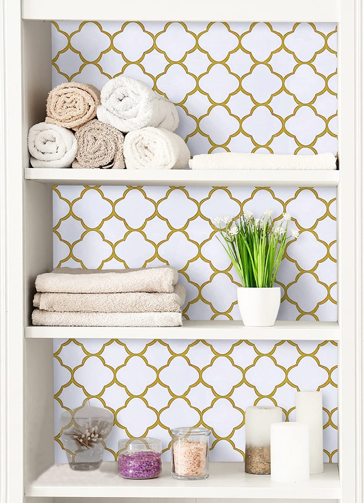 Safiyya 118"x17.7" Gold Peel and Stick Wallpaper White and Gold Pattern Conta…