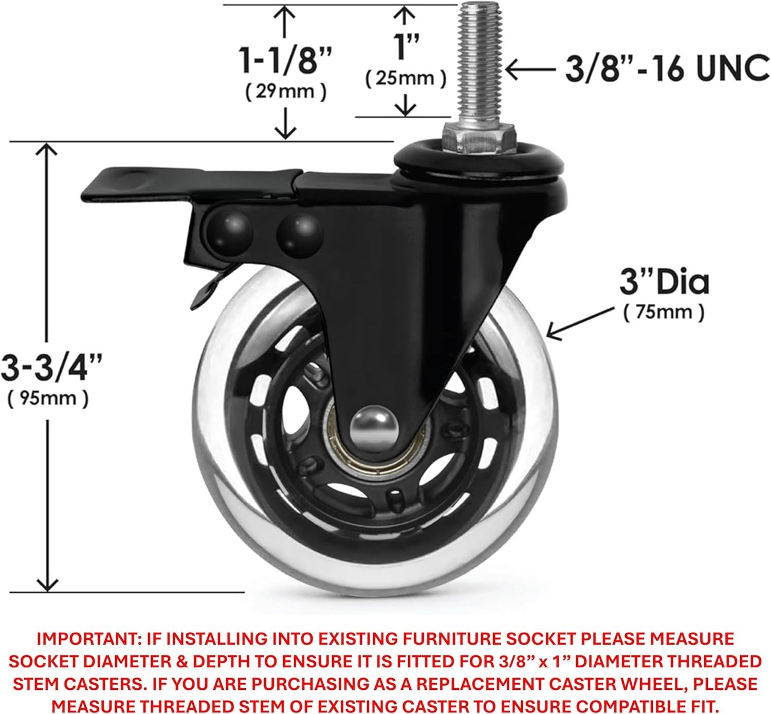 CB693 Premium 3 Inch Rubber Caster Wheels with Brake (4 Pack) Rollerblade Style