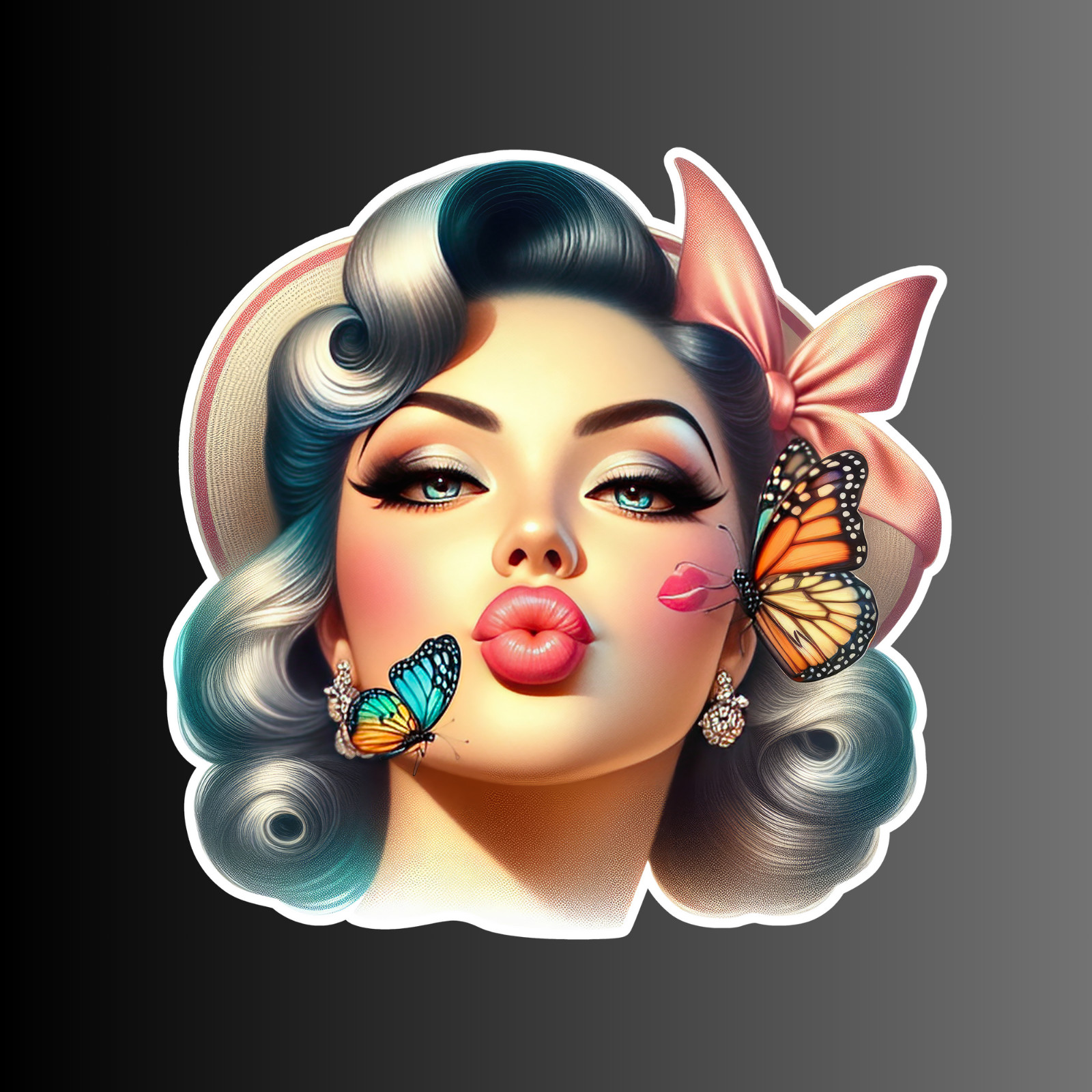 Pinup girl sticker vinyl decal woman whimsical seductive blue hair monarch