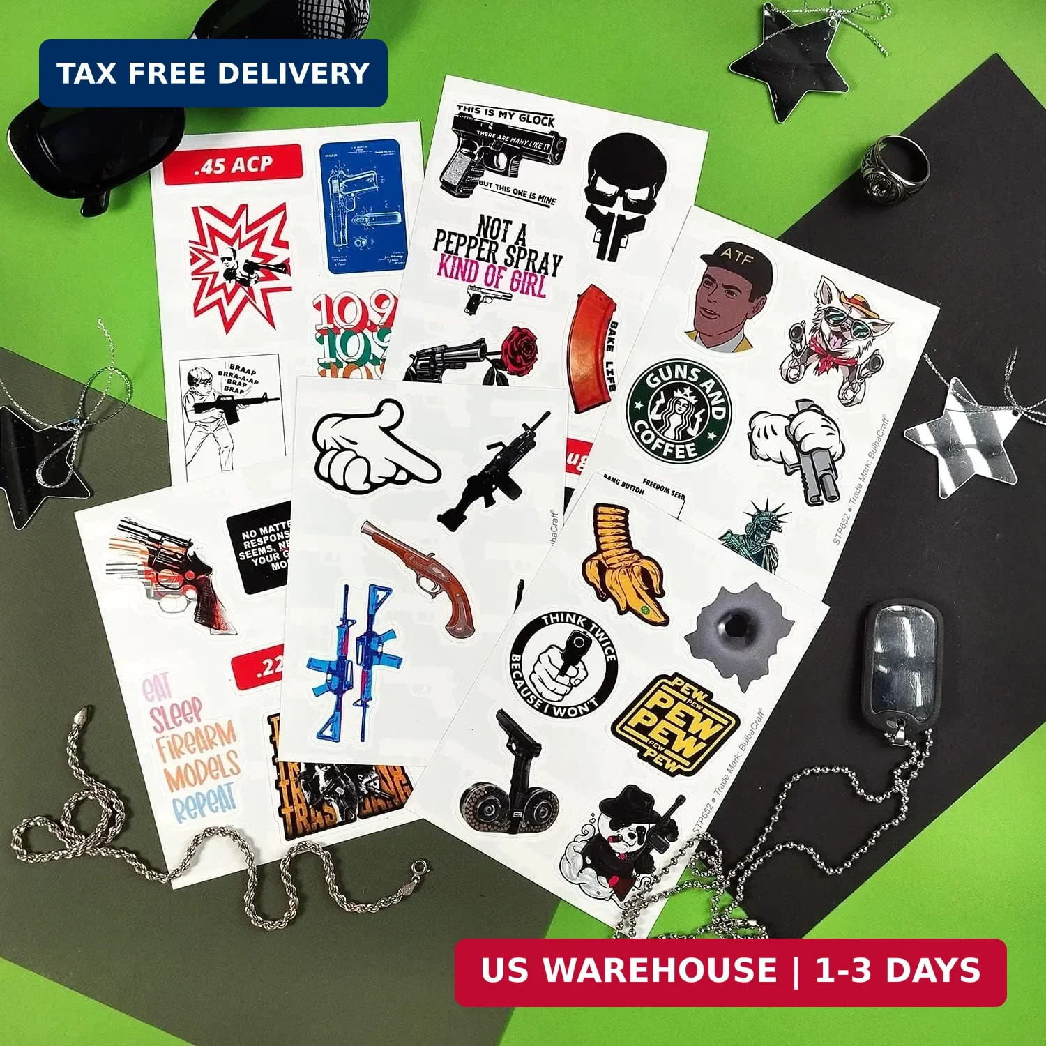 BulbaCraft 100Pcs Funny Gun Stickers, Firearm Stickers, Guns and Ammo Decals, Ta