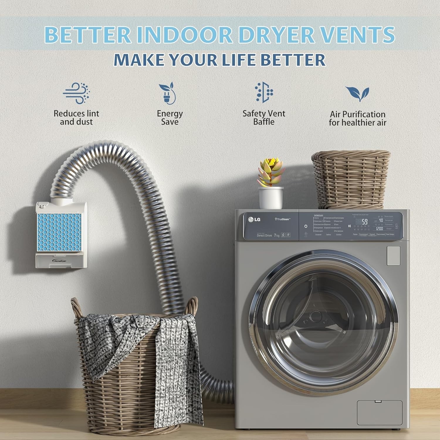 3-in-1 Indoor Dryer Vent Kit, Stainless Steel Filter, Air Quality System & 6 Fil