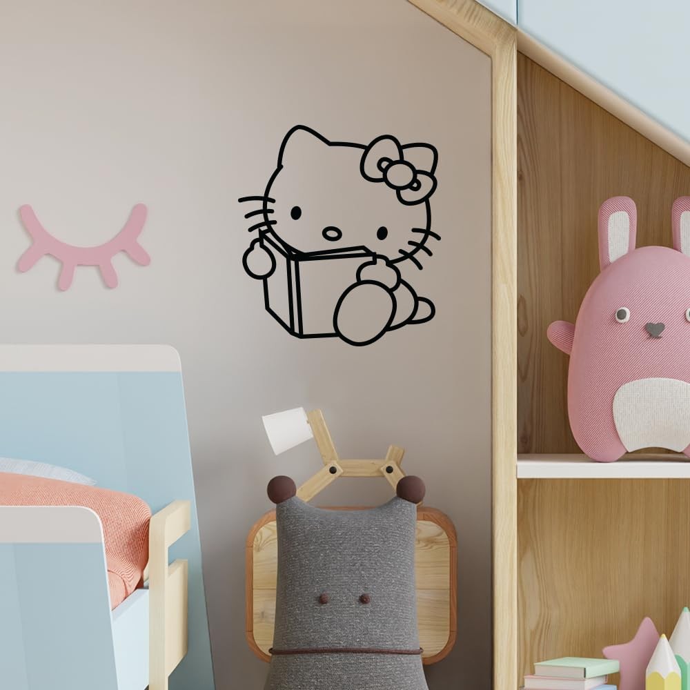 Reading Hello Kitty Black Vinyl Wall Decal – 20" x 22" Kawaii Aesthetic Wall …