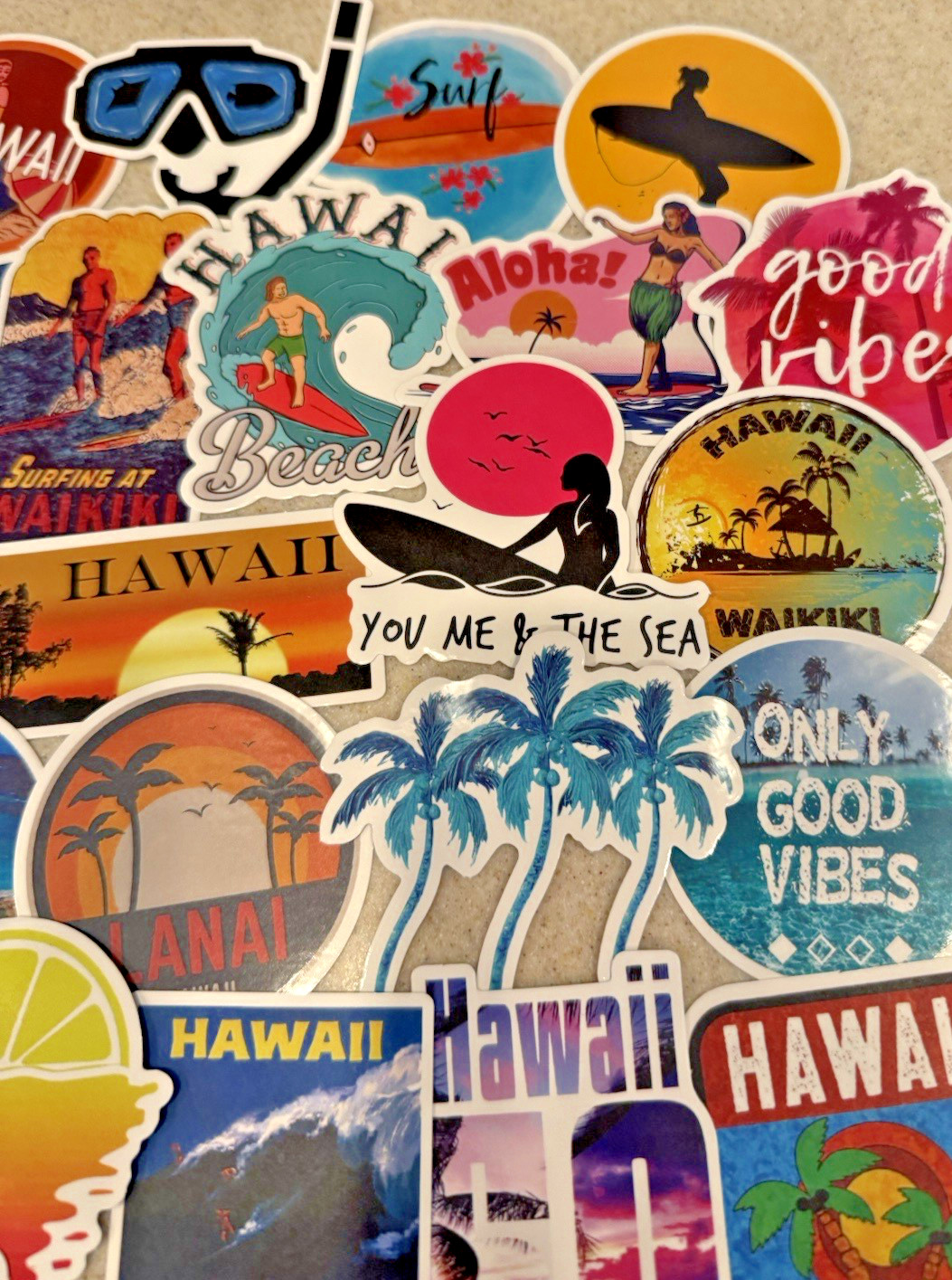 Hawaii, Surfing, Summer, Travel Stickers/Decals, NEW, Pick Your Pack of 50or100