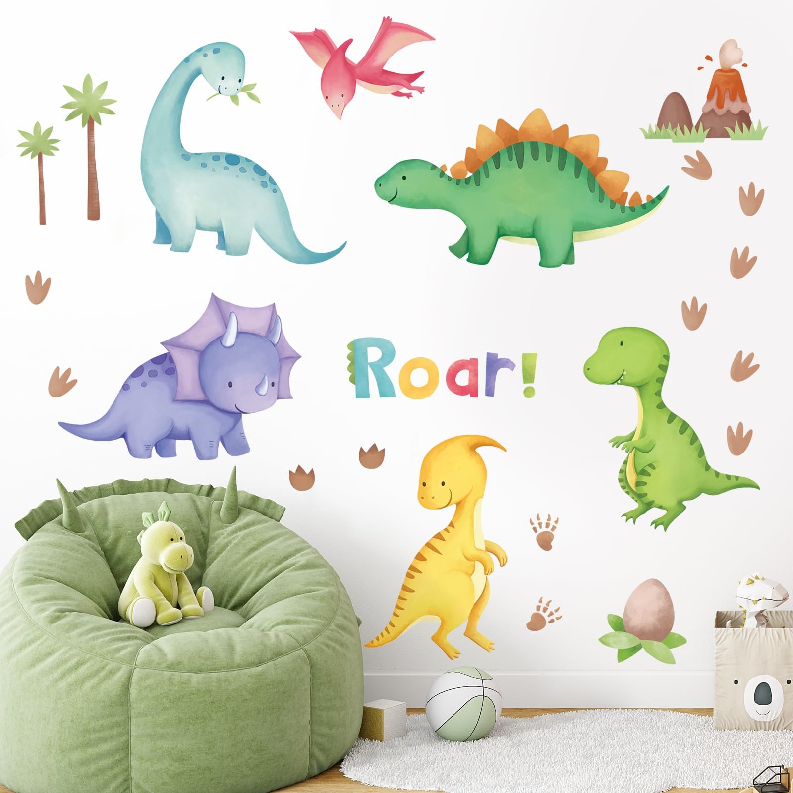 Watercolor Dinosaur Wall Decals Peel and Stick, Vinyl Dino Wall Sticker, Wall…