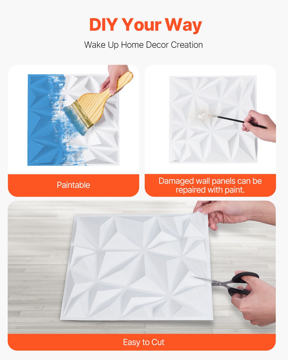 VEVOR 3D Wall Panels 33-Pack 11.81 x 11.81" PVC 32 Sq.Ft Coverage Diamond Matte