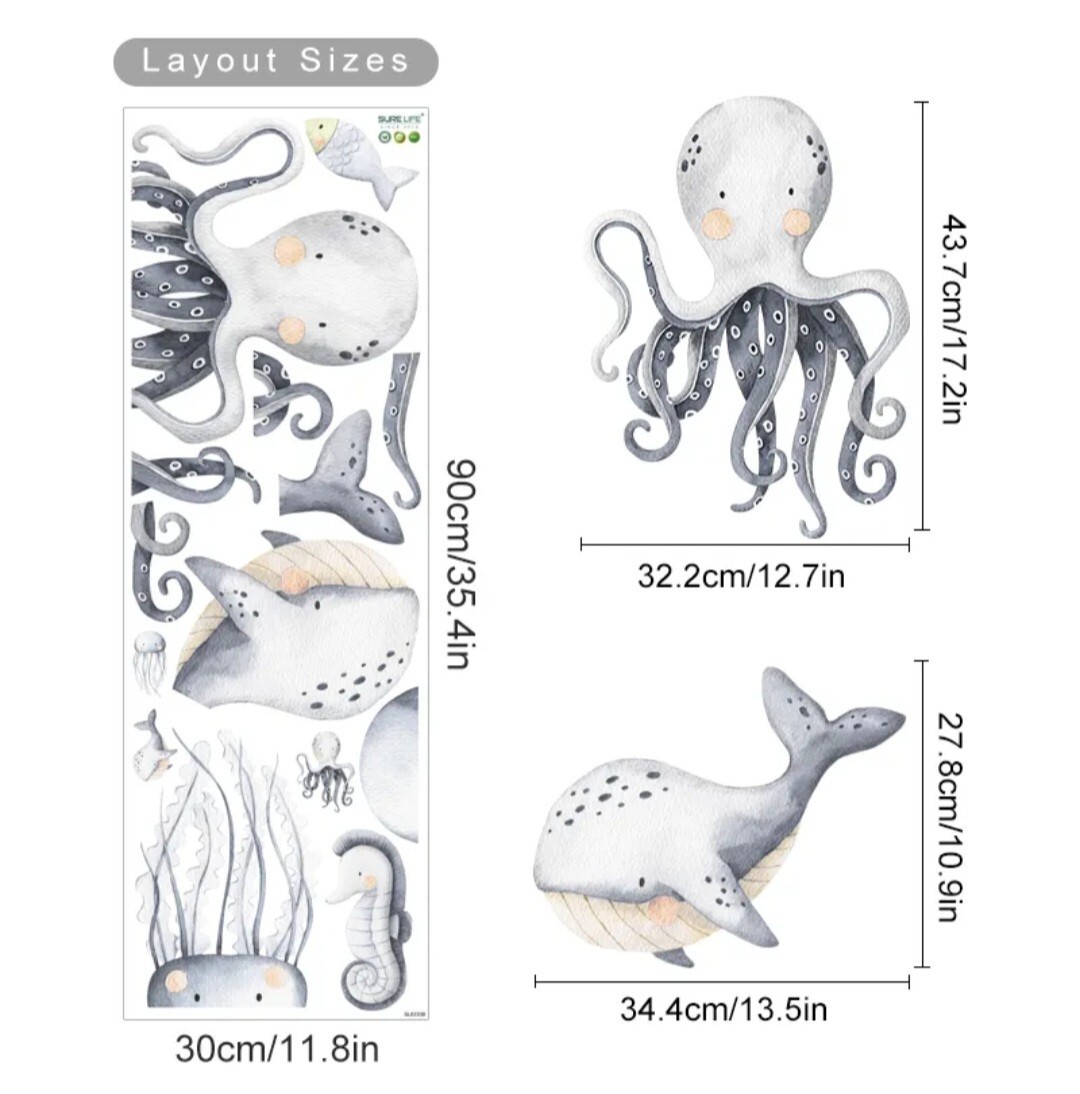 Underwater Cartoon Cute Animals Wall Stickers peel and stick decal for kids baby