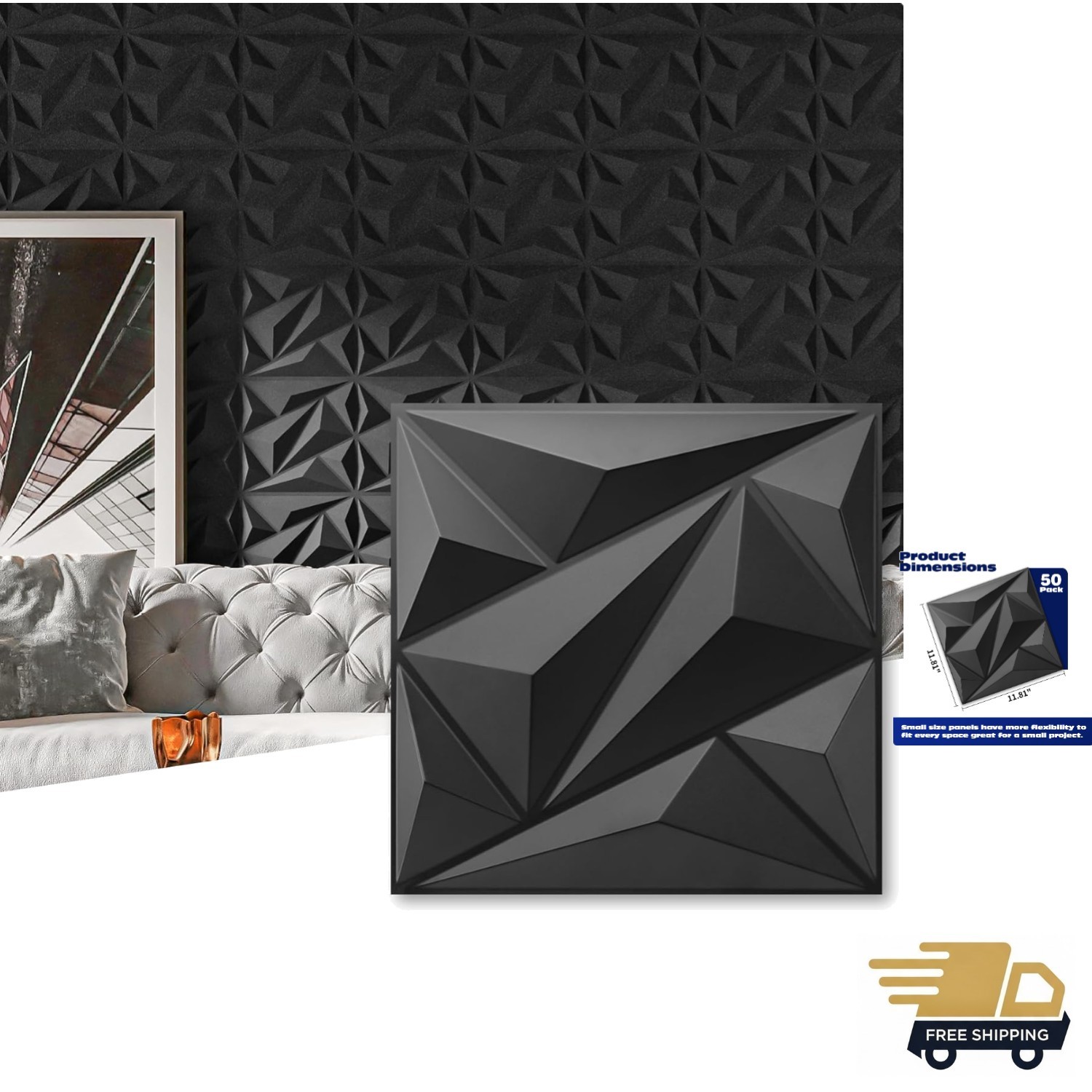 Durable 3D Diamond PVC Wall Panels – 50 Pack, Perfect for Any Room – 12"x12"