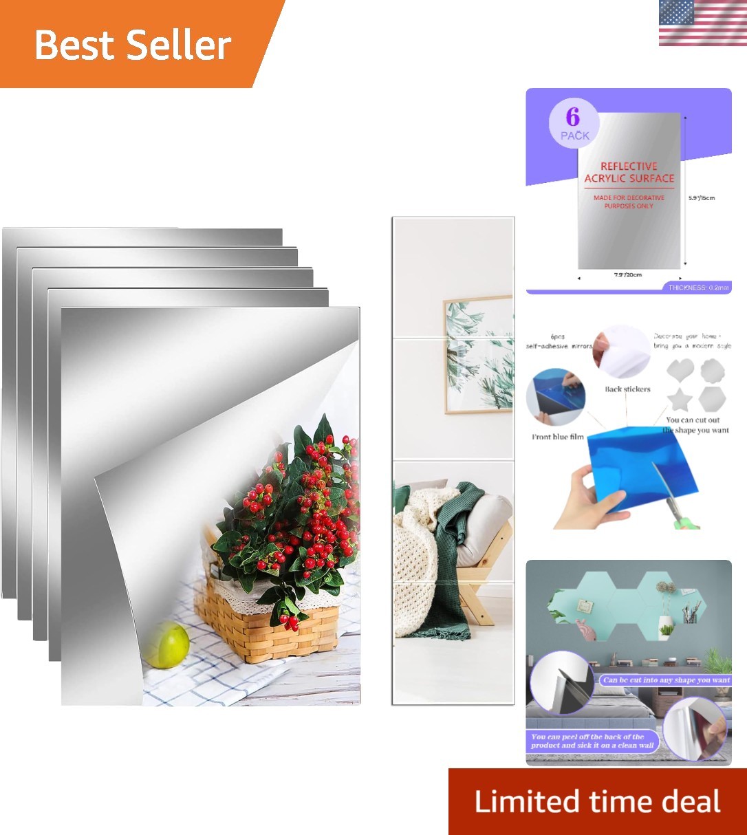 Flexible 8"x6" Acrylic Mirror Tiles – Self-Adhesive Décor for Versatile Use