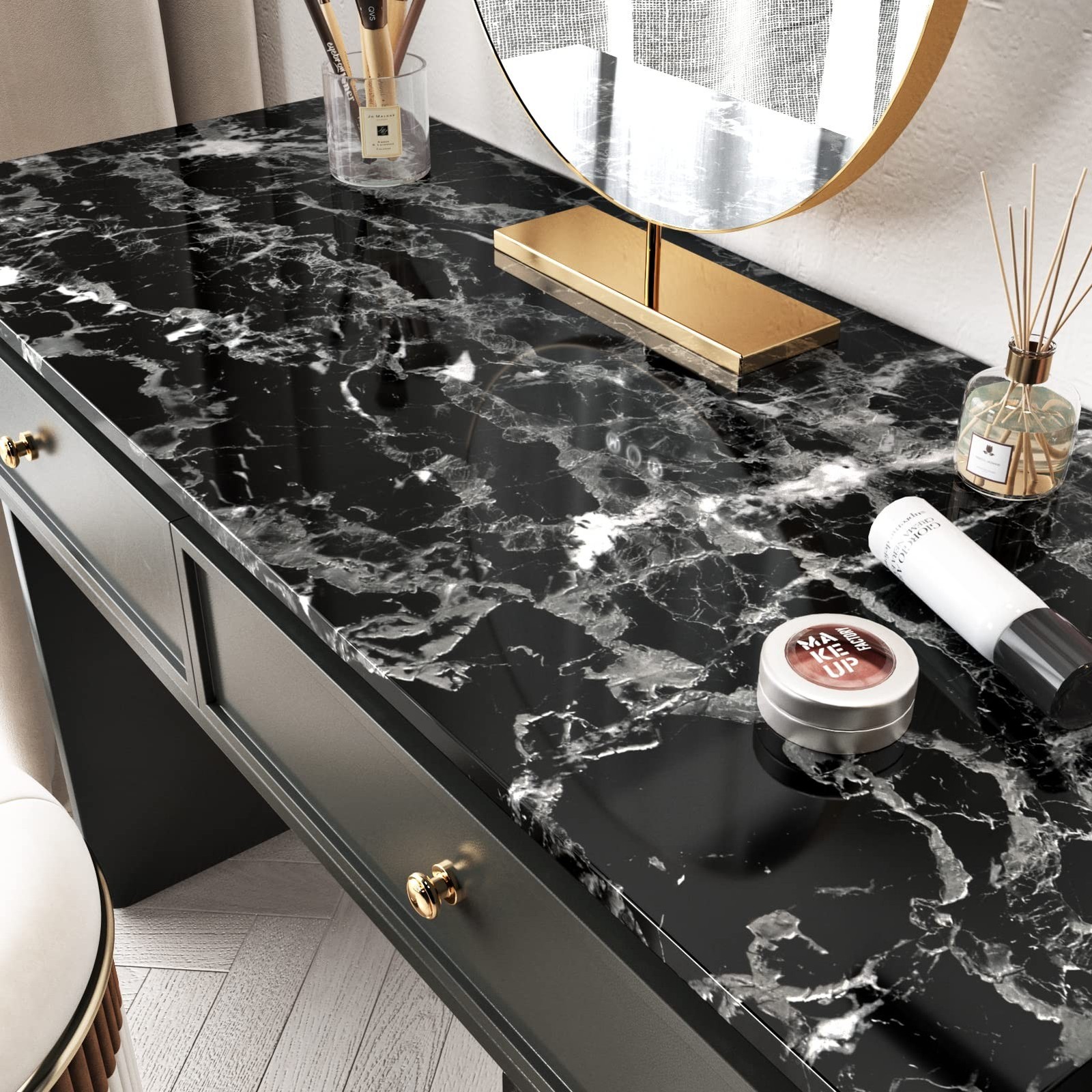 Glossy Black and White Marble Contact Paper for Kitchen Bathroom Shiny Granit…