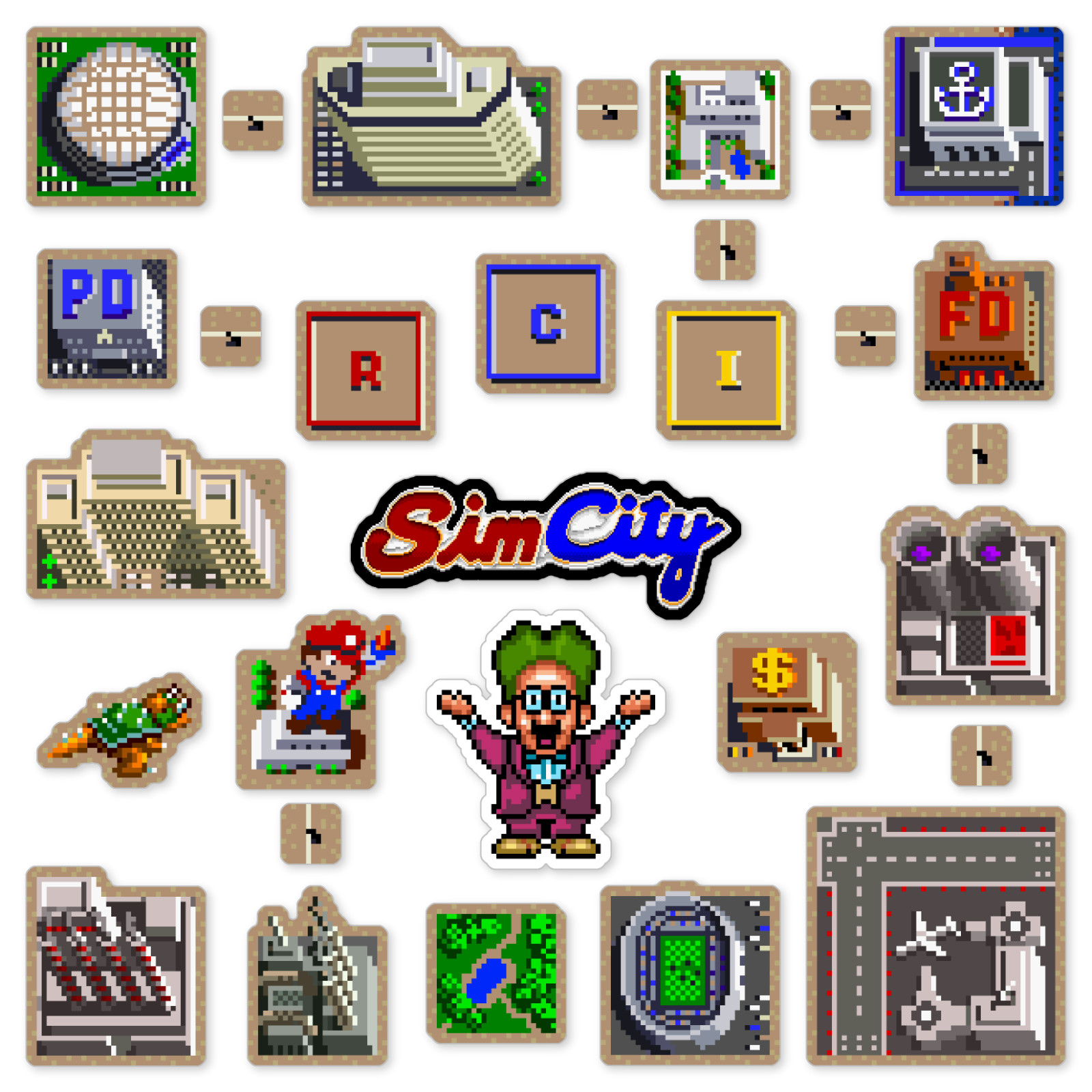 SimCity Stickers Super Nintendo SNES Pixel Art 30 Sticker Pack