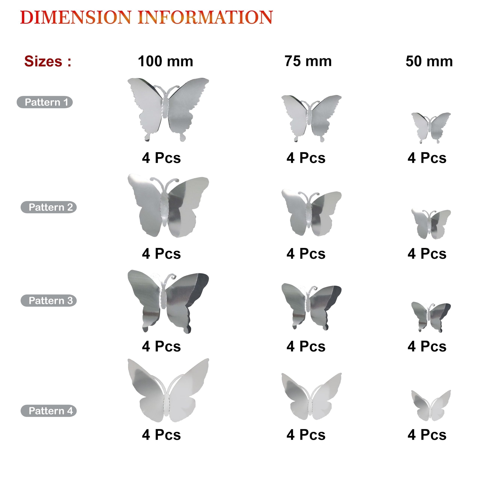 3D Mirror Metallic Butterfly Wall Decor, Silver, 48Pcs 4 Styles 3 Sizes, Remo…