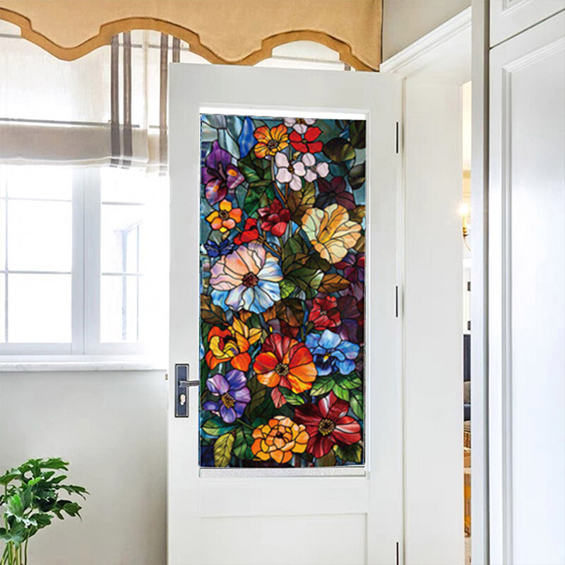 Flower Stained Glass Window Film Privacy Frosted Glass Film Static Cling Sticker