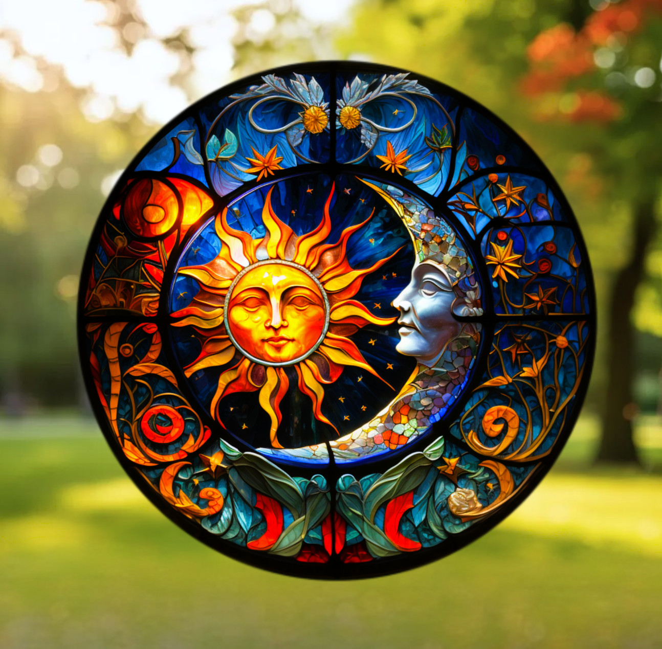 Sun & Moon Faux Stained-Glass WINDOW CLING Size 8" Round Vinyl