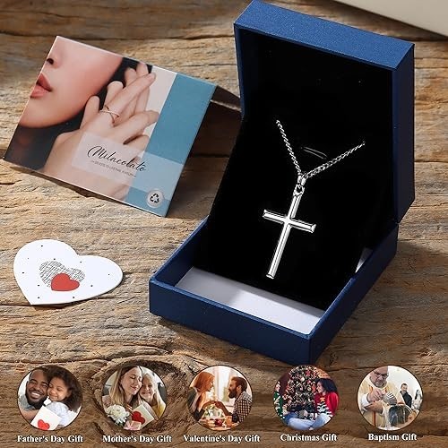 Solid 925 Sterling Silver Cross Necklace for Men Women, 2mm Durable Diamond-Cut