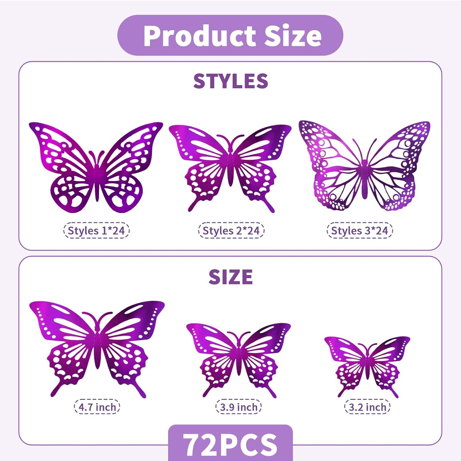 72PCS 3D Purple Butterfly Wall Decor, 3 Styles 3 Sizes, Metallic
