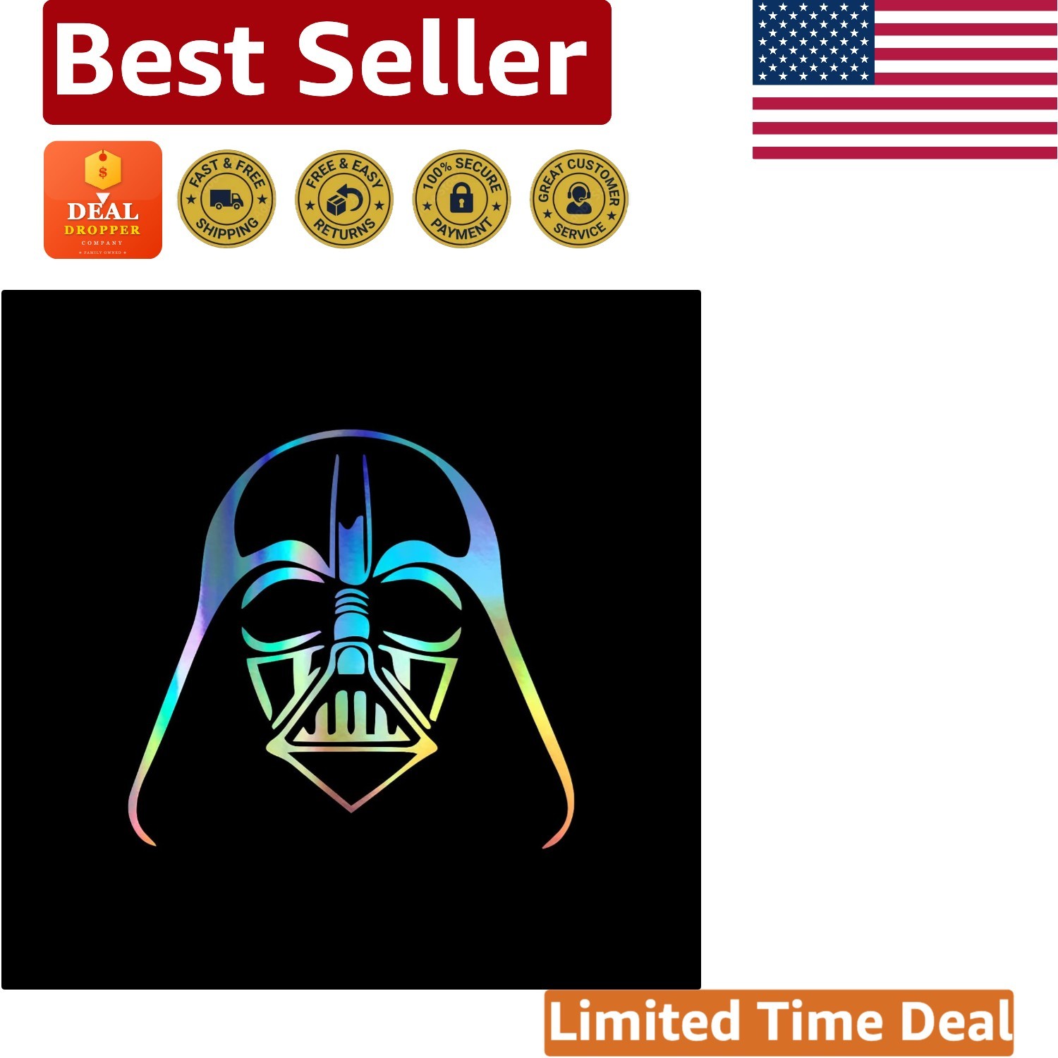 American Flag Darth Vader Decal – 5.5" Holographic Vinyl Sticker for Vehicles